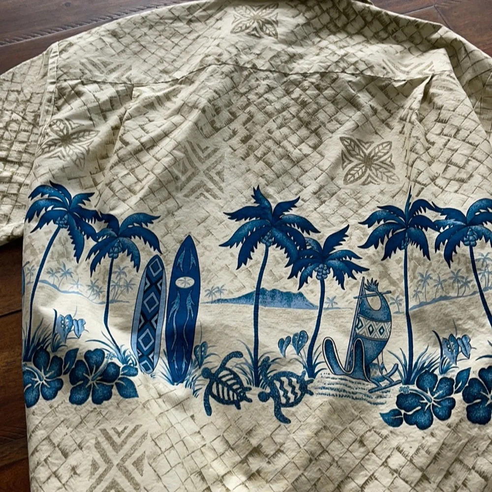Winnie Fashion Hawaiian Button Up Shirt USA Palm Surf Beige Gray Mens XL - Picture 14 of 14